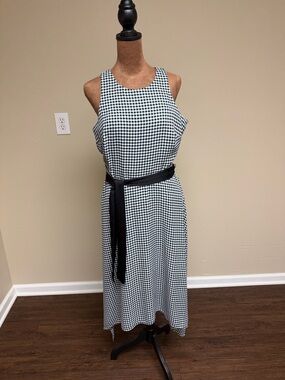 Banana Republic Black and White Gingham Midi Dress with Black Waist Tie